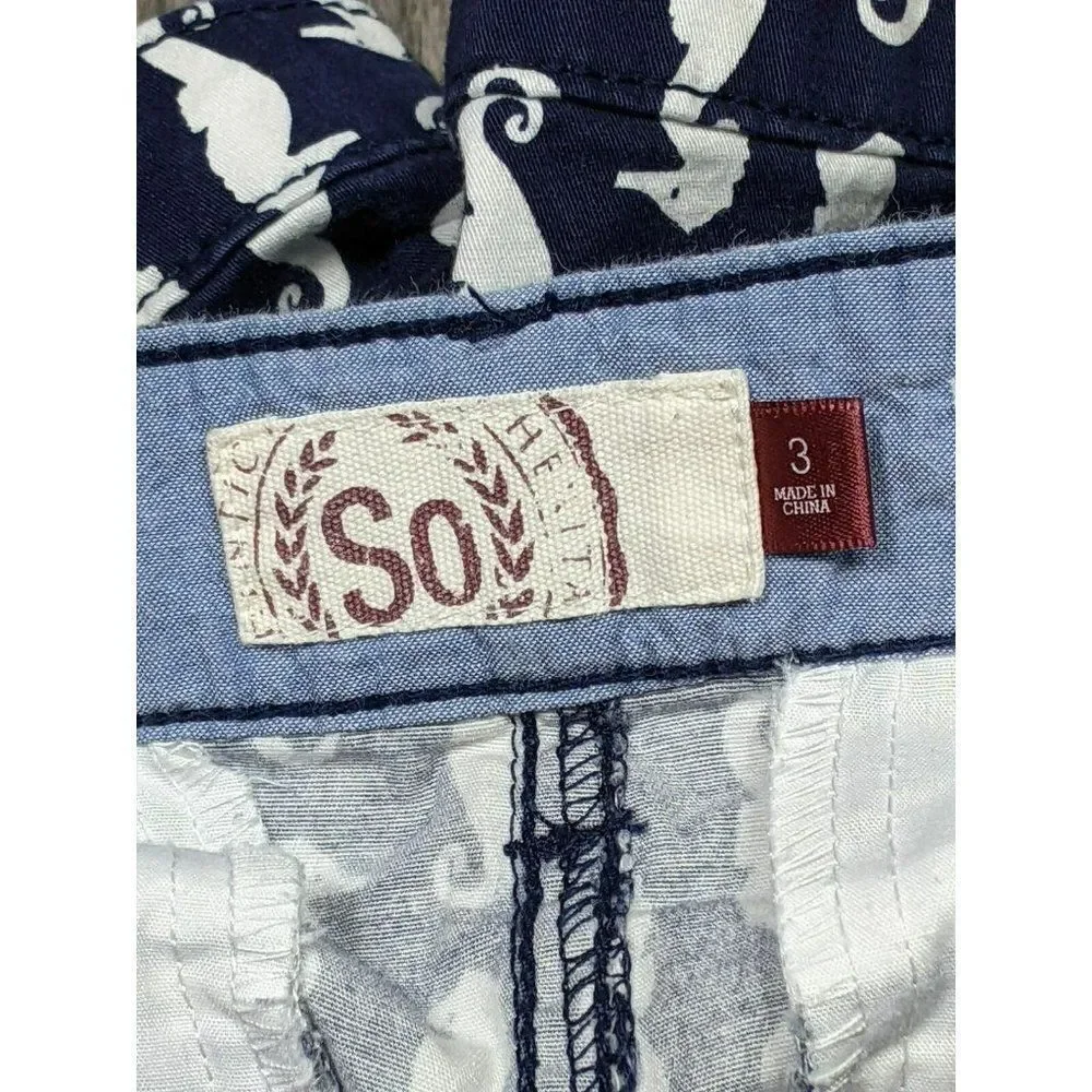 (3/$27) SO Juniors Size 3 Pockets‎ Seahorse Pattern Navy Blue White Short Shorts
